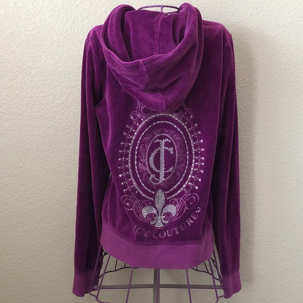 Juicy Couture Y2K Tracksuit Top, Velour Hoodie, Rhinestone Studded-Size S